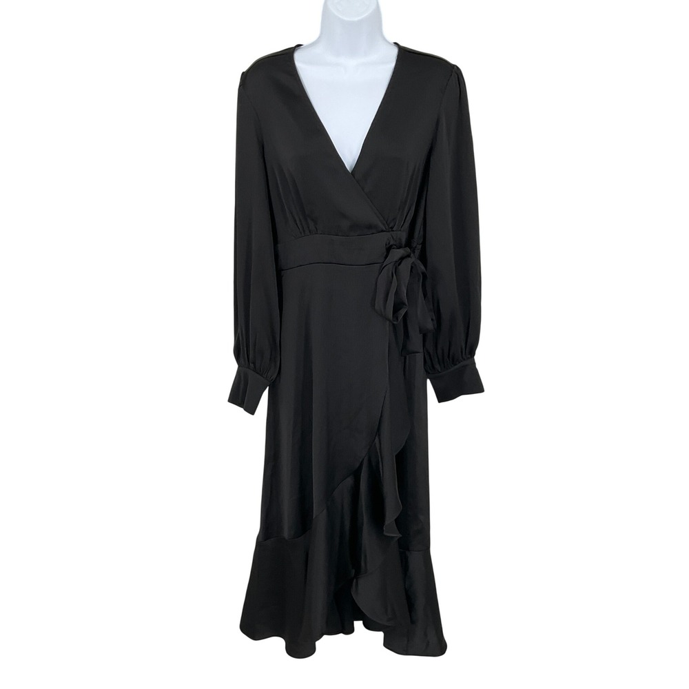 Sofia Jeans Faux Wrap Dress Womens M Black Ruffle Hem Long Sleeve Midi Cocktail